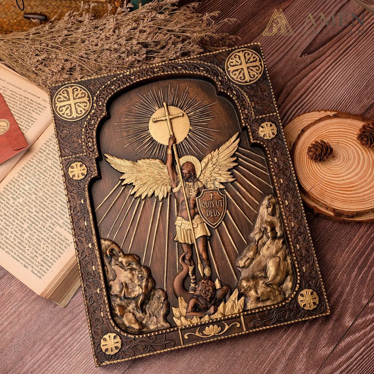 St Michael Wood Carving Amen Artisan - Image 7