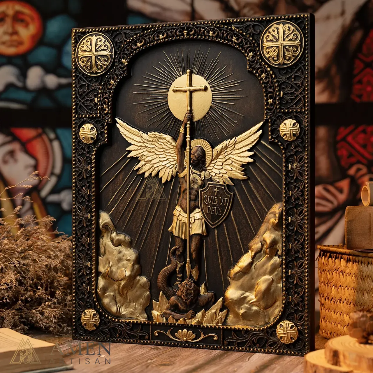 St Michael Wood Carving Amen Artisan - Image 8