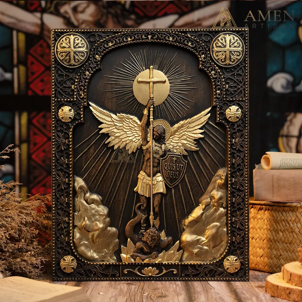 St Michael Wood Carving Amen Artisan - Image 9