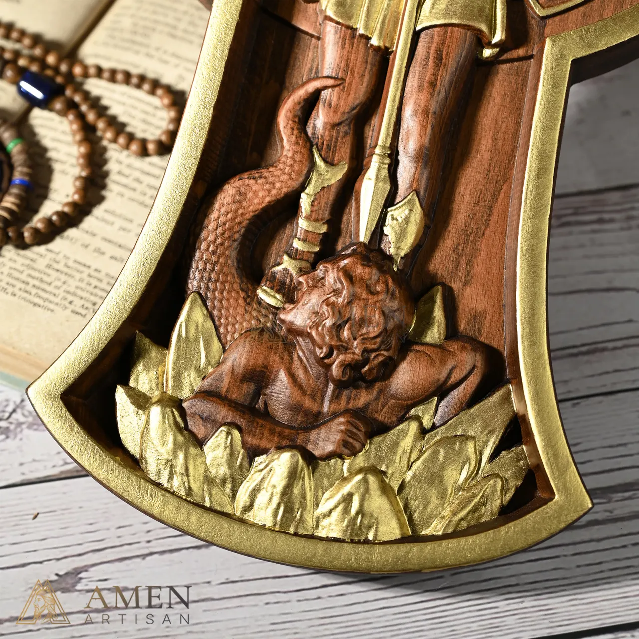 St Michael Wood Carving Amen Artisan - Image 3