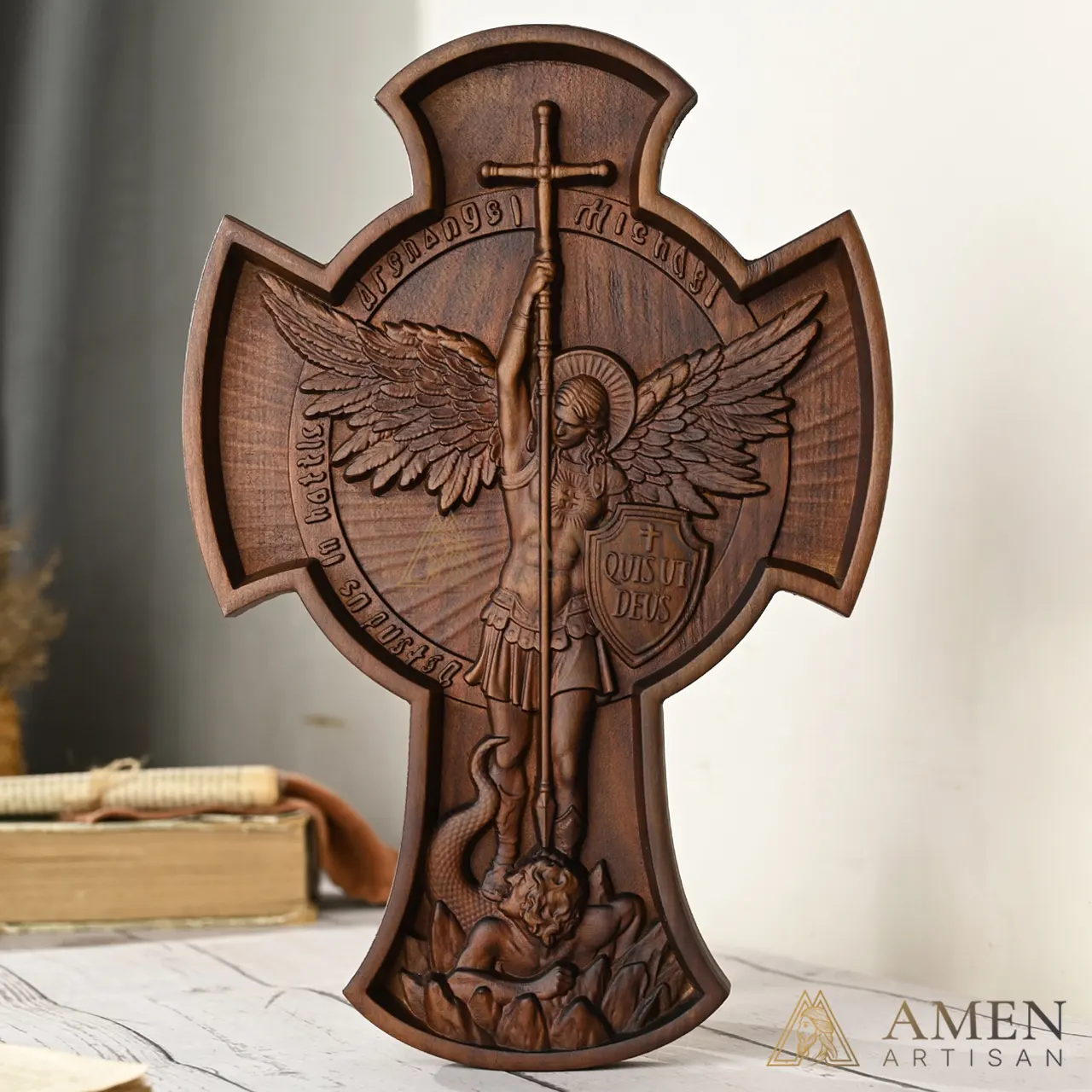 St Michael Wood Carving Amen Artisan - Image 5