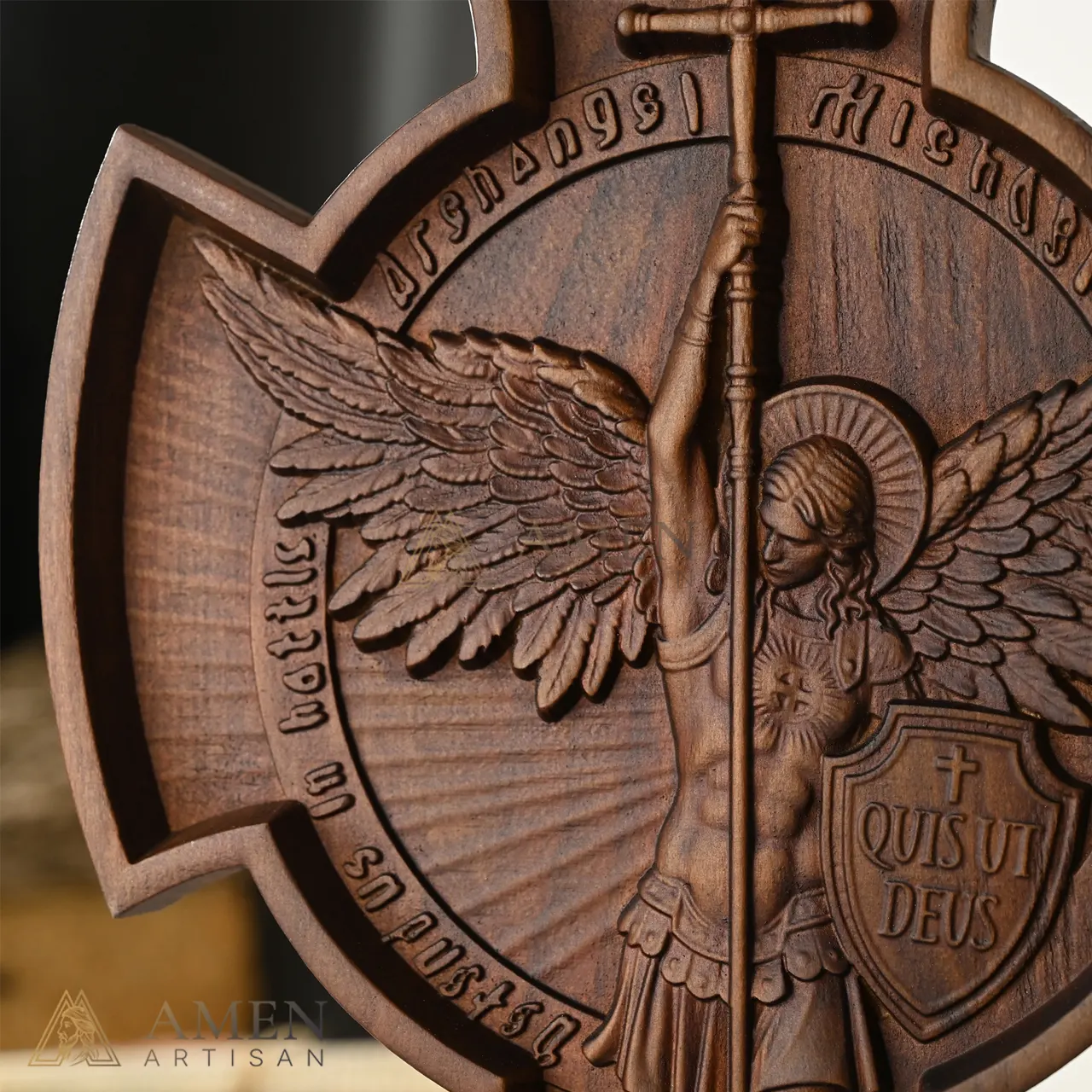 St Michael Wood Carving Amen Artisan - Image 6