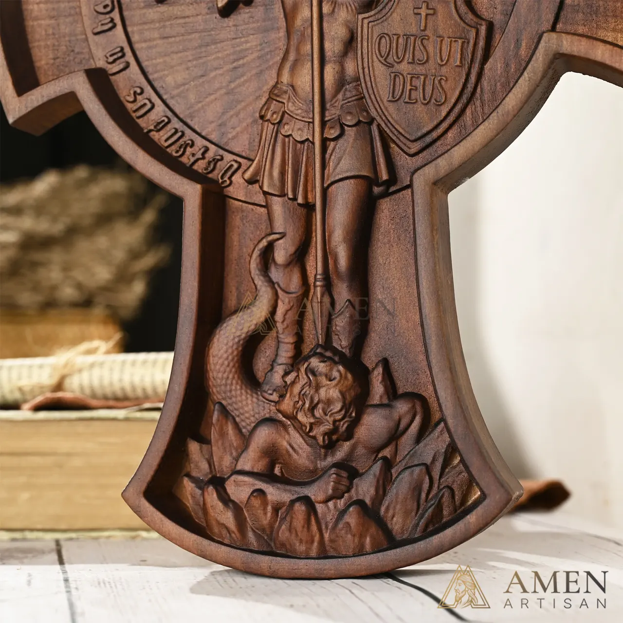 St Michael Wood Carving Amen Artisan - Image 7